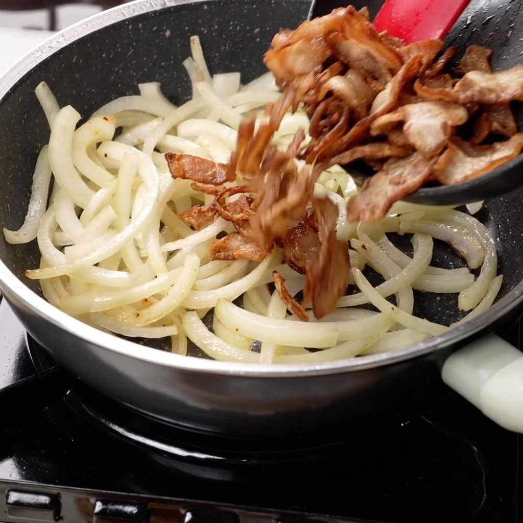 Gedünstete Zwiebeln und gebratener Schweinebauch werden in der Pfanne vermengt.