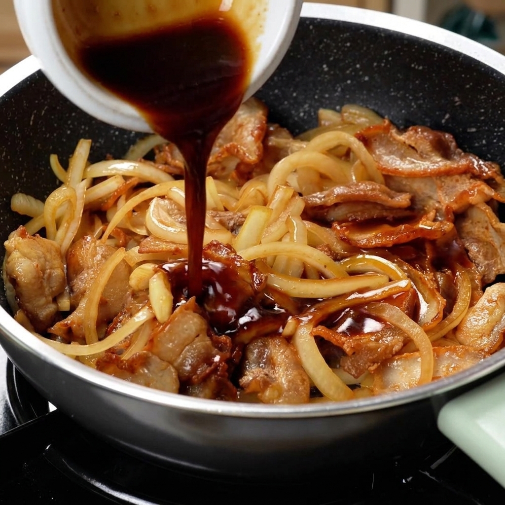 Yakiniku-Sauce wird zum finalen Abschmecken über Fleisch und Zwiebeln gegossen.