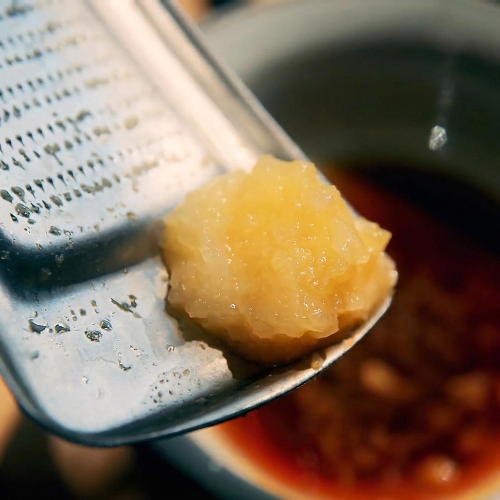 Eine Metallreibe über einer Schüssel, bereit, geriebenen Ingwer und Knoblauch in die Sauce zu geben.