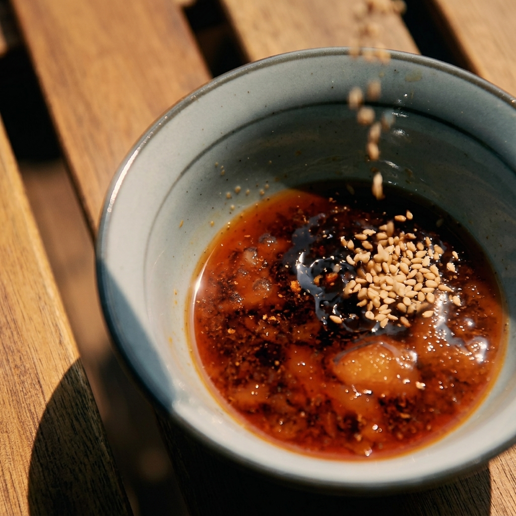 Sesamsamen werden in eine Schüssel mit dunkler Yakiniku-Sauce gestreut, Sesamöl ist bereits enthalten.