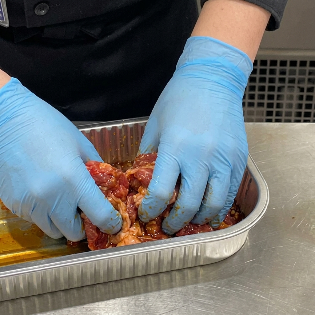 Gehackter Ingwer wird unter das marinierte Rindfleisch gemischt.