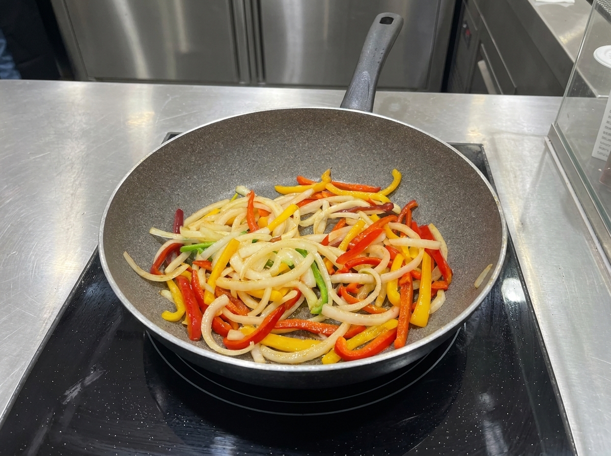 Das Gemüse in der Pfanne wird mit BBQ-Soße und Sojasauce verfeinert.