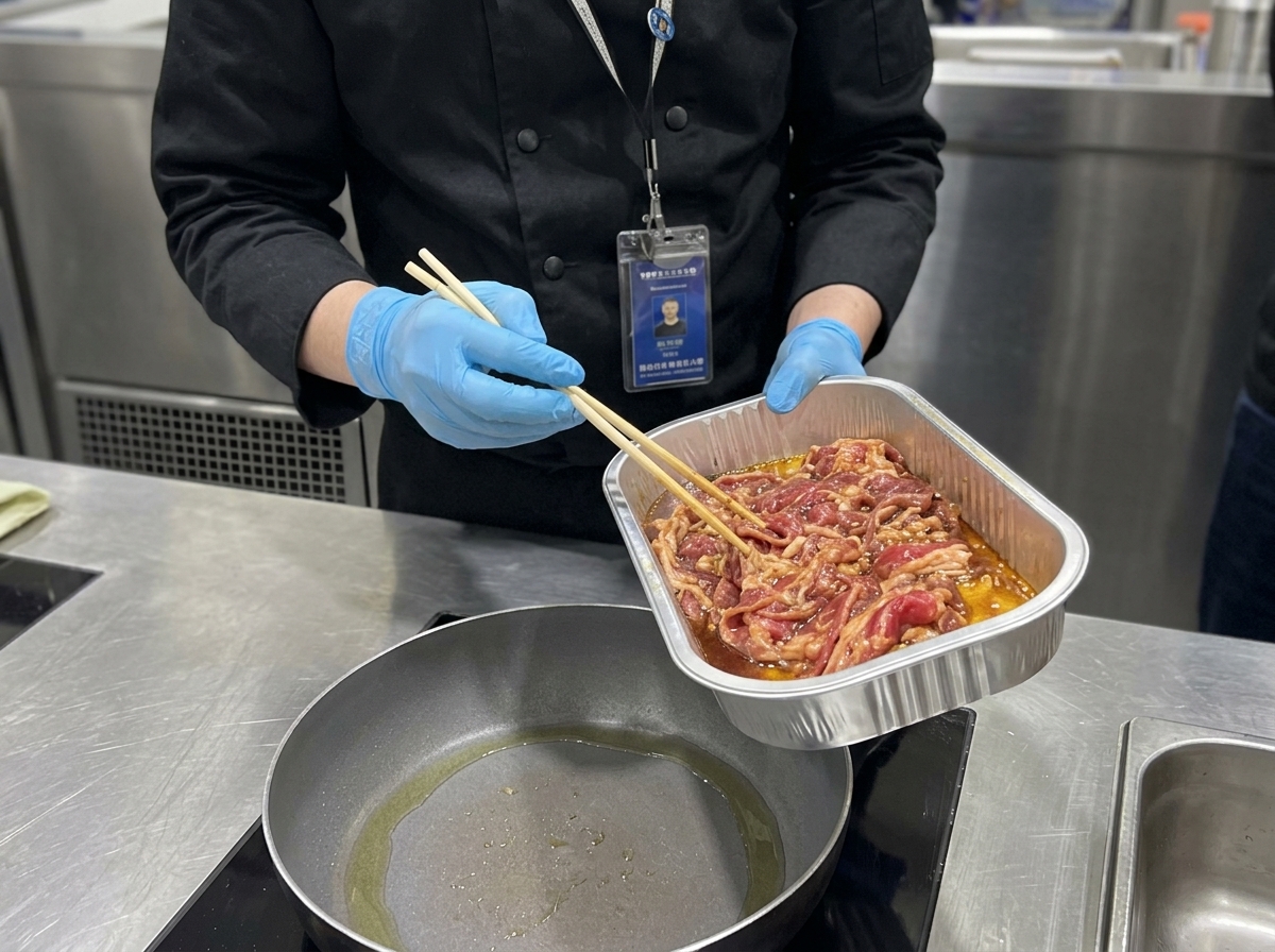 Mariniertes Rindfleisch wird in die heiße Pfanne gegeben.