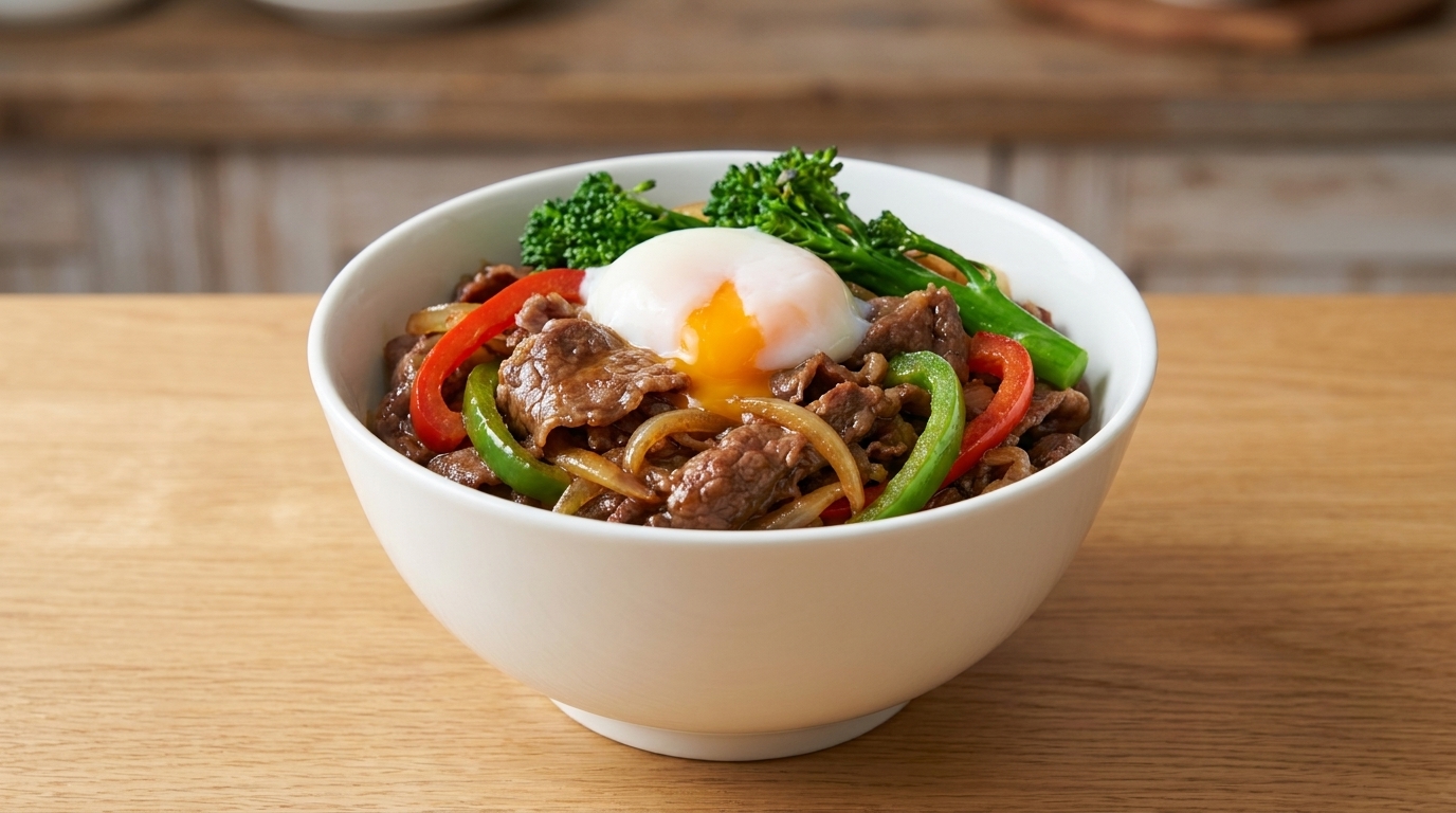 Eine farbenfrohe japanische Beef-Bowl mit zarten Rindfleischstreifen, Pfannengemüse und einem weichen Ei.