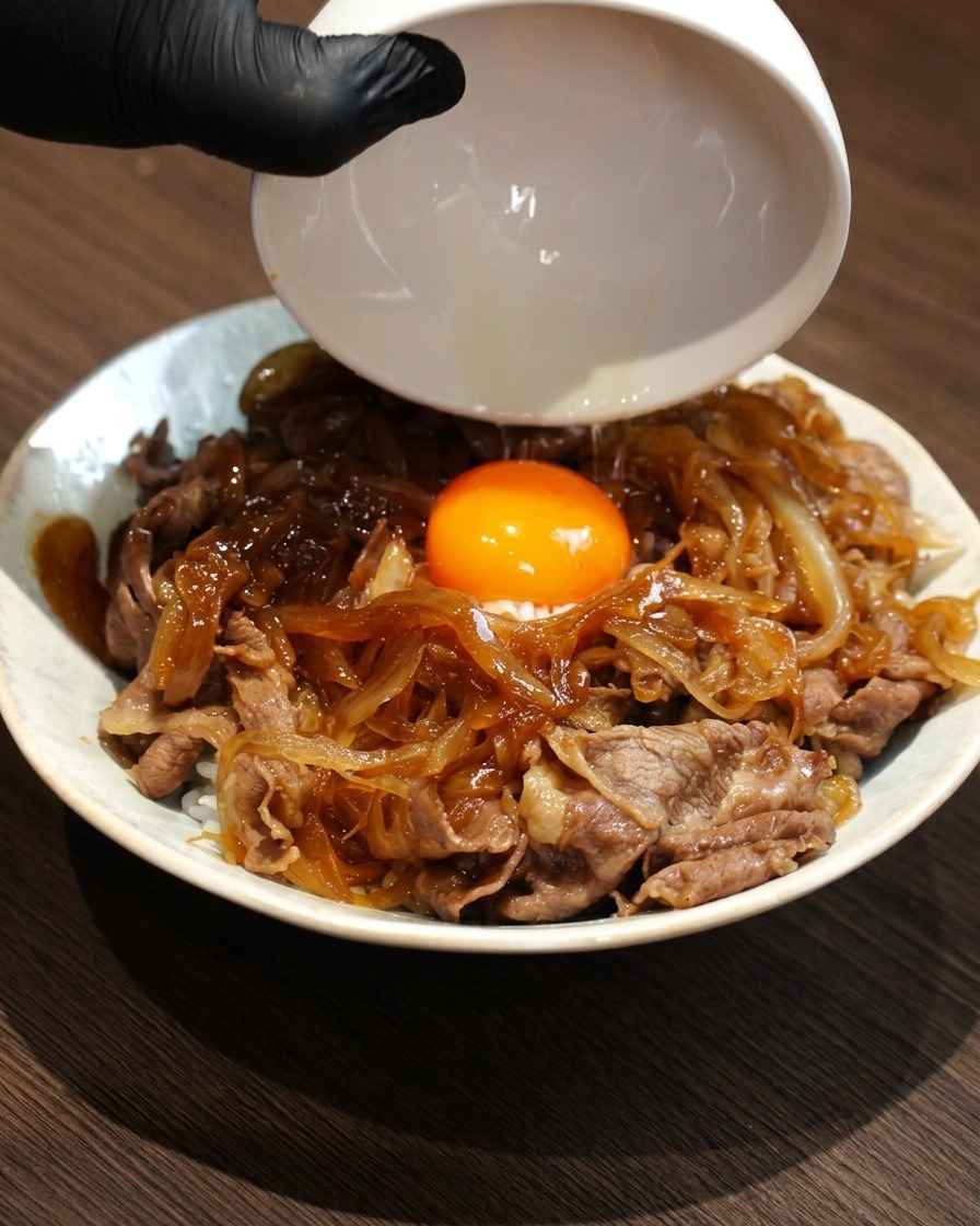 Ein leuchtend gelbes rohes Eigelb wird vorsichtig in die Mitte der mit Rindfleisch belegten Reisbowl gesetzt.