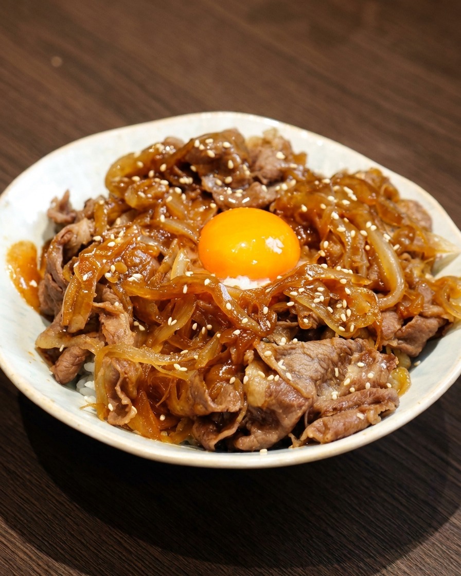Die fertige Teriyaki-Rindfleisch-Bowl mit Eigelb, Sesamsamen und Frühlingszwiebeln als Garnitur.