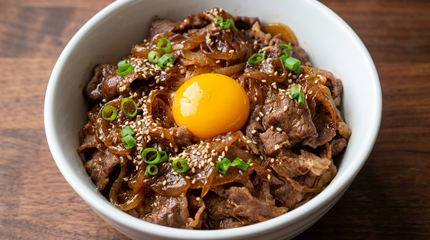 Japanische Teriyaki-Rindfleisch-Bowl (Gyudon-Stil)