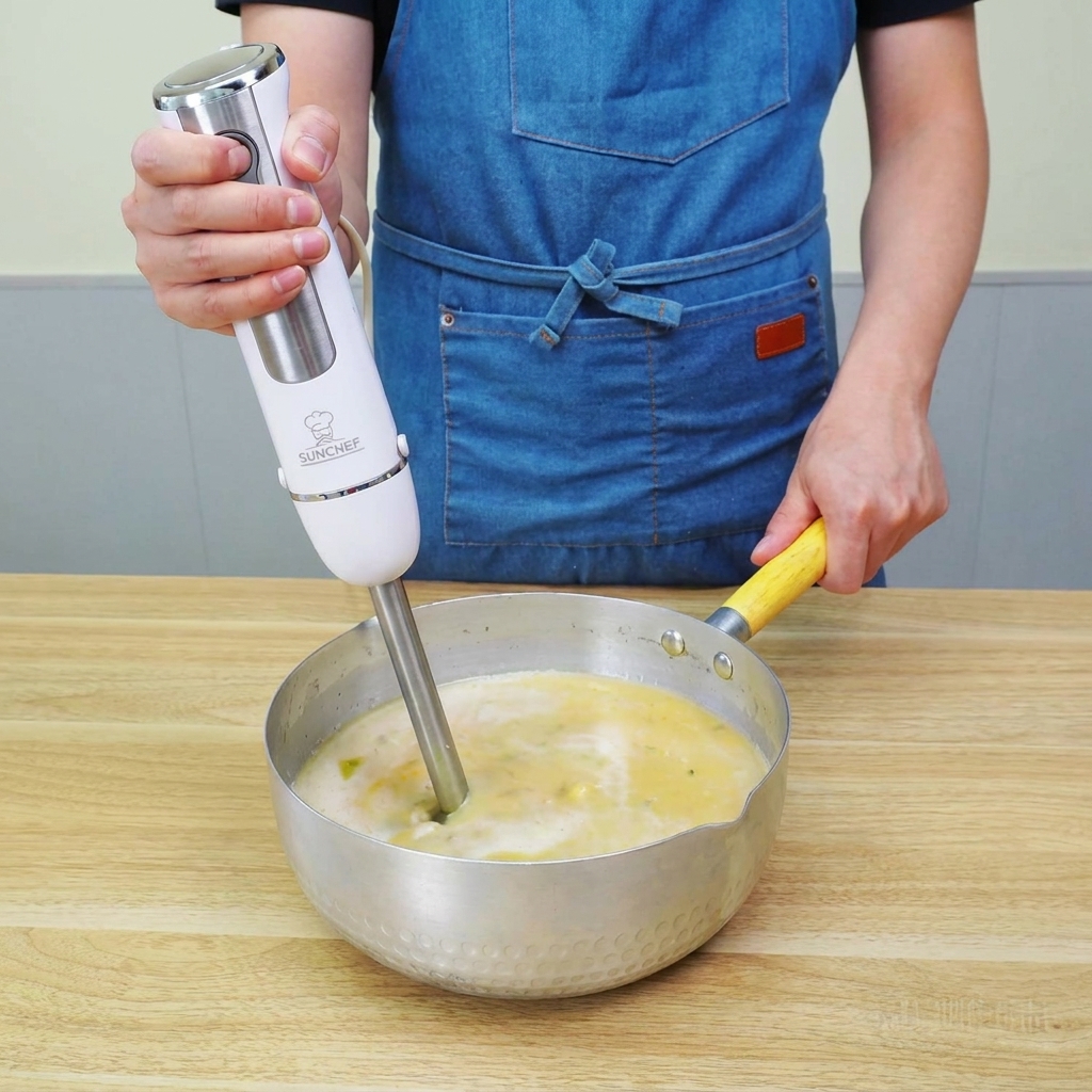 Ein Stabmixer taucht in einen Topf mit Brühe und gekochtem Gemüse ein und erzeugt ein glattes, dickes Velouté.