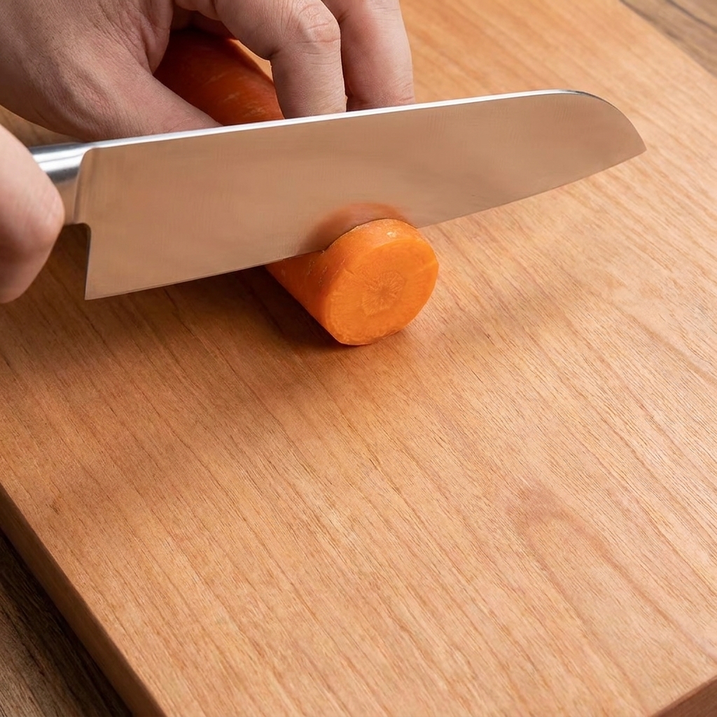 Karottenstücke auf einem Holzschneidebrett.