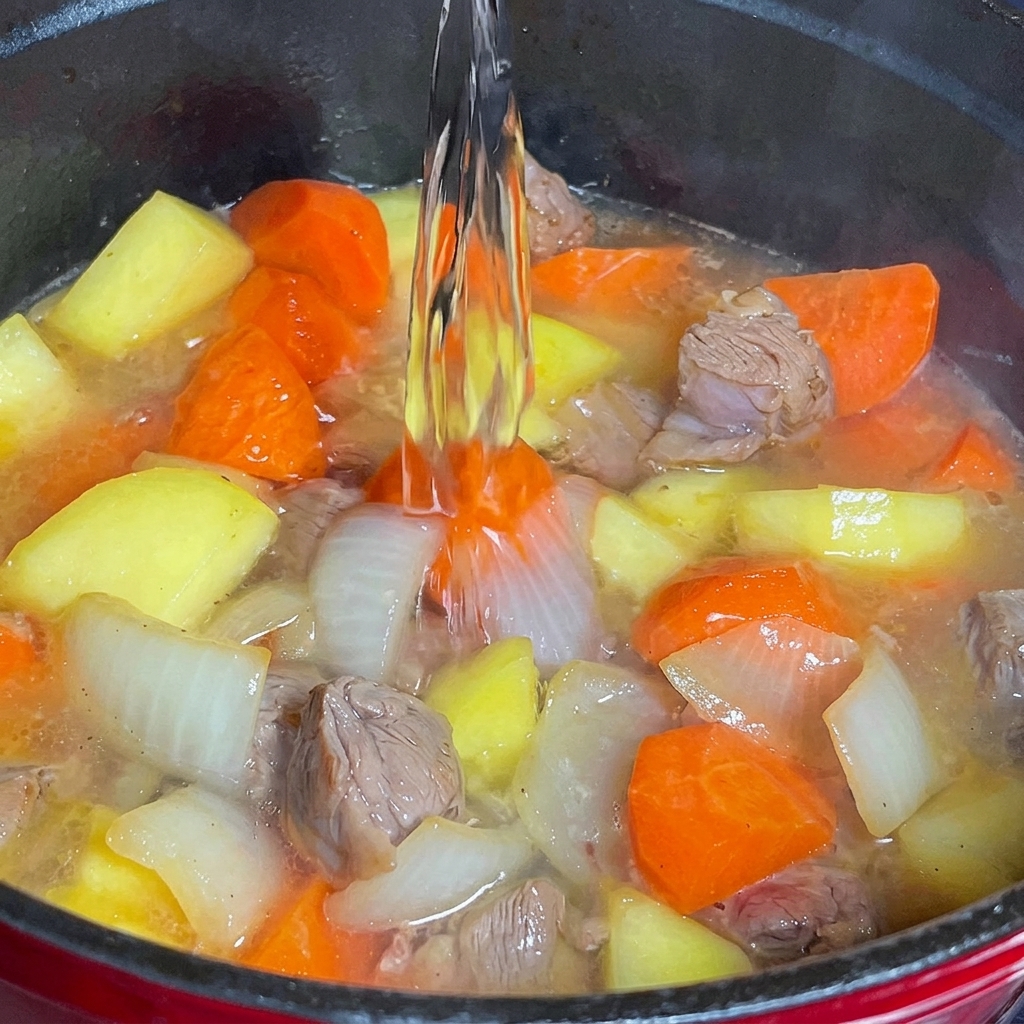 Wasser wird in den Topf mit Fleisch und Gemüse gegossen.