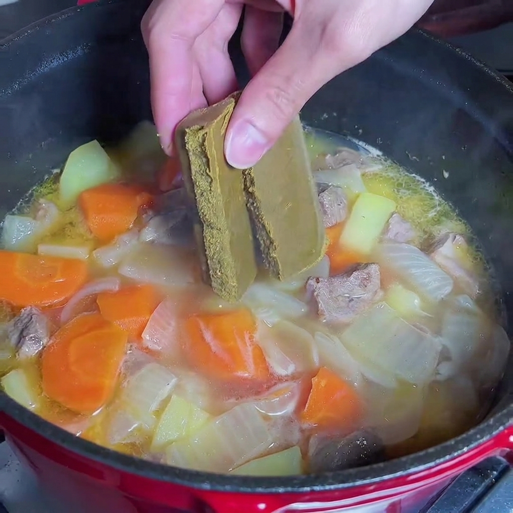 Currywürfel werden in den Eintopf gegeben.