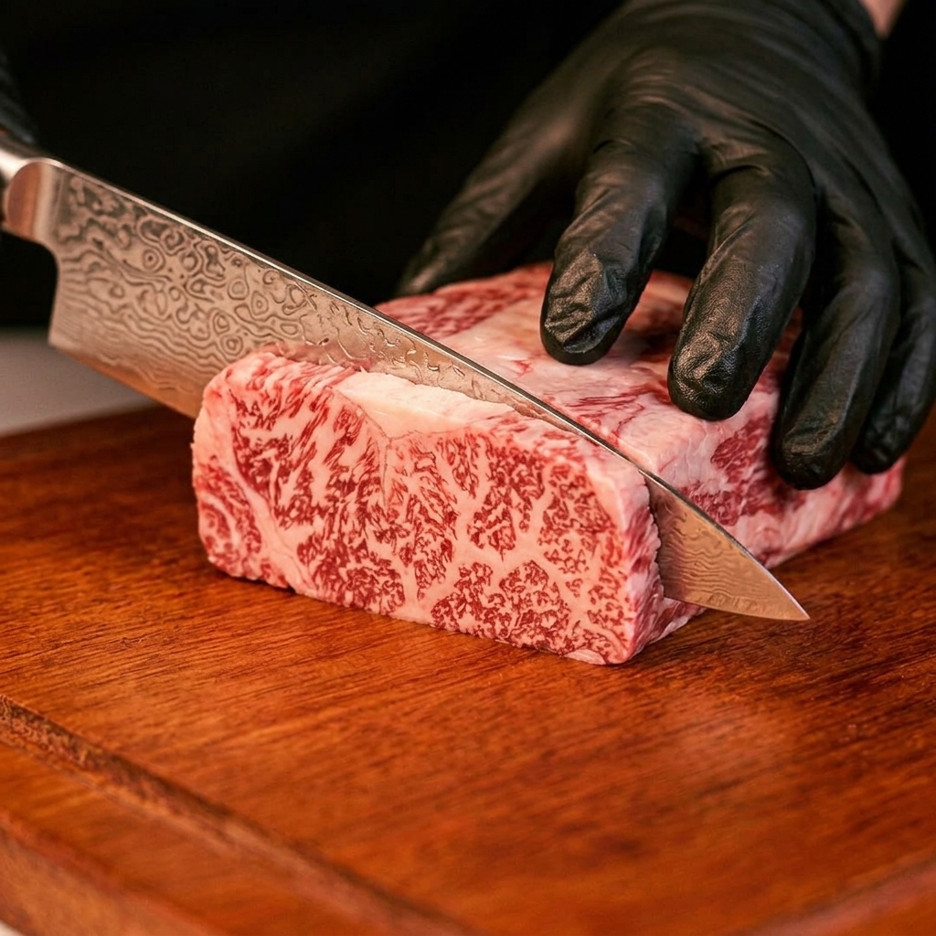 Eine behandschuhte Hand hält ein Messer, während sie hochwertiges Rindersteak und vorbereitetes Gemüse auf einem Holzbrett in gleichmäßige Würfel schneidet.