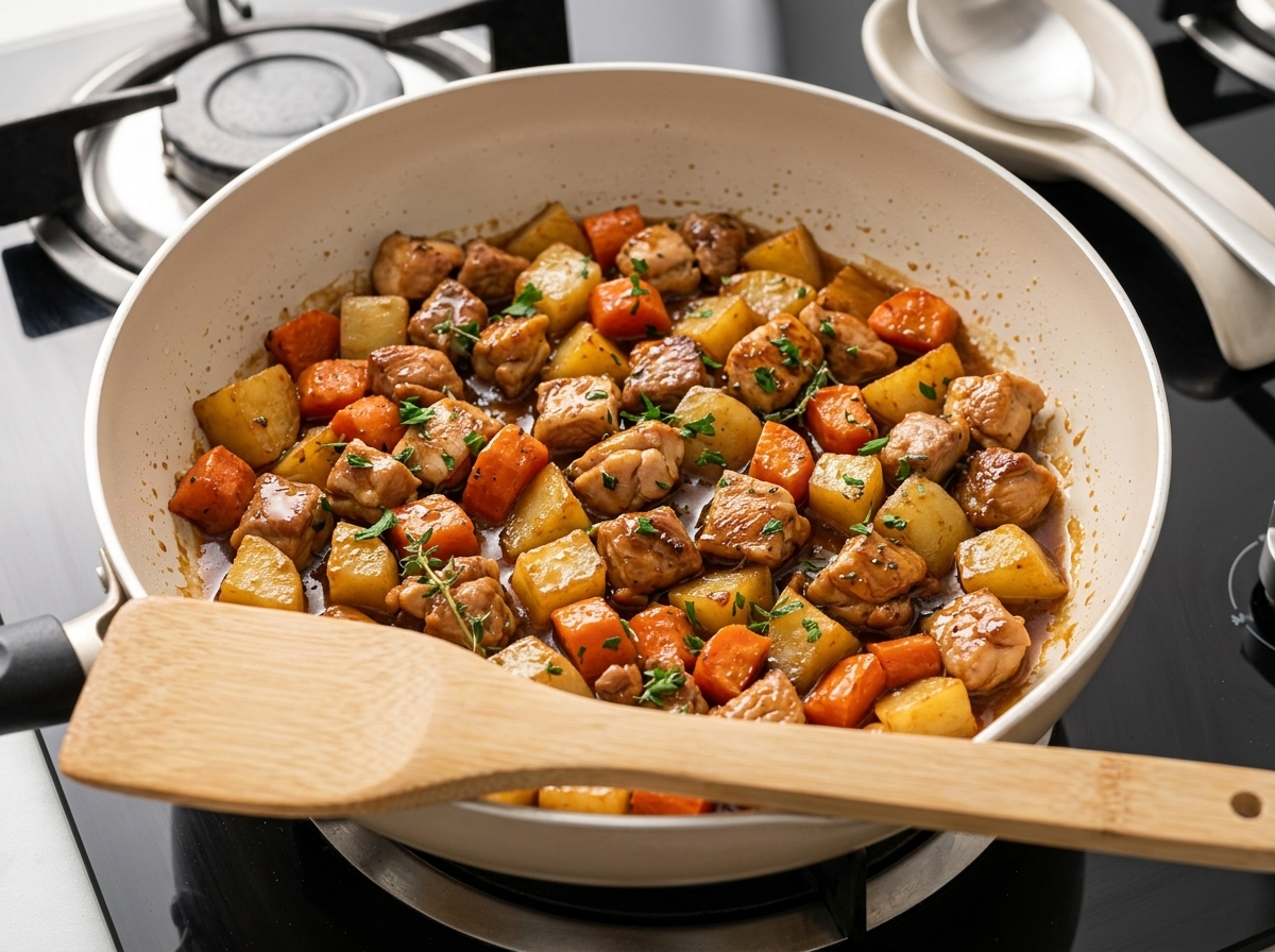 Curry-Roux-Blöcke werden in die Pfanne zu dem angebratenen Rindfleisch und dem bunten Gemüse gegeben.