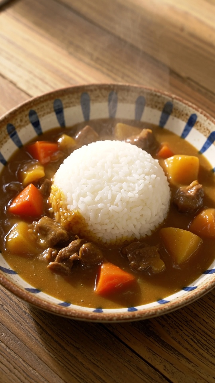 Eine dampfende, herzhafte Schüssel japanisches Rindfleisch-Curry, serviert über weißem Reis in einer traditionell gemusterten Keramikschale.