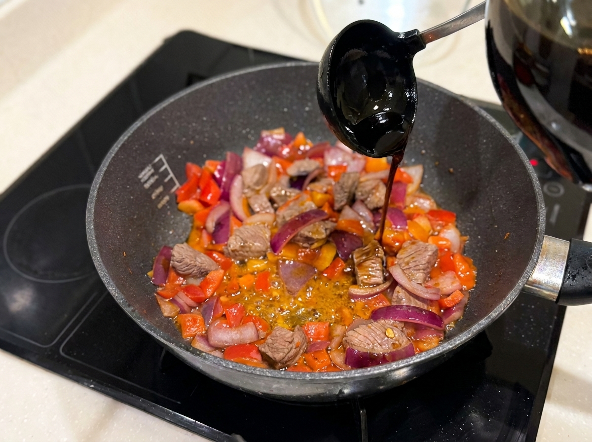 Sojasauce wird in die Pfanne mit dem angebratenen Rindfleisch und Gemüse geträufelt.