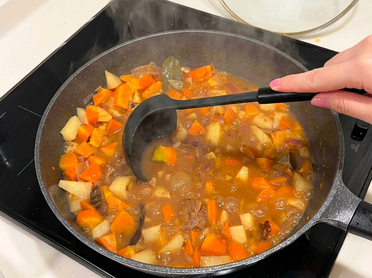 Eine Nahaufnahme einer dunkelbraunen, eingedickten Currysauce, die in einer Pfanne mit zarten Rindfleisch- und Gemüsestücken gerührt wird.