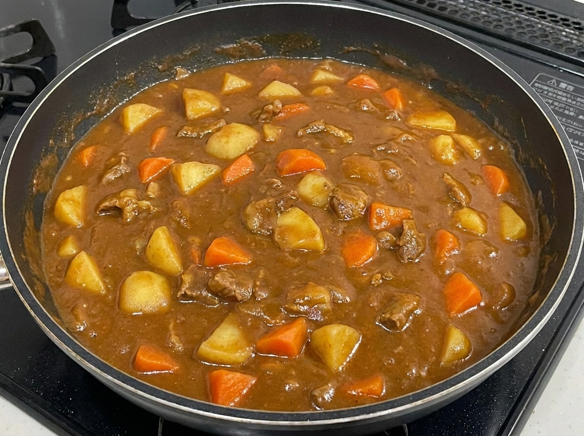 Ein Strahl Milch wird in eine Pfanne mit köchelndem Rindfleisch-Curry gegossen und vermischt sich mit der dicken, dunkelbraunen Sauce.