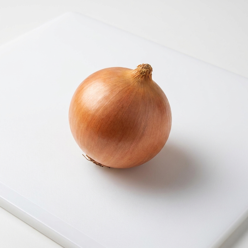 Eine frisch gehackte Zwiebel auf einem weißen Schneidebrett.