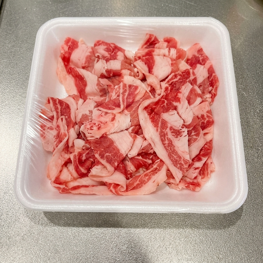 Dünne Rindfleischscheiben, die in einem Topf mit kochendem Wasser blanchiert werden.