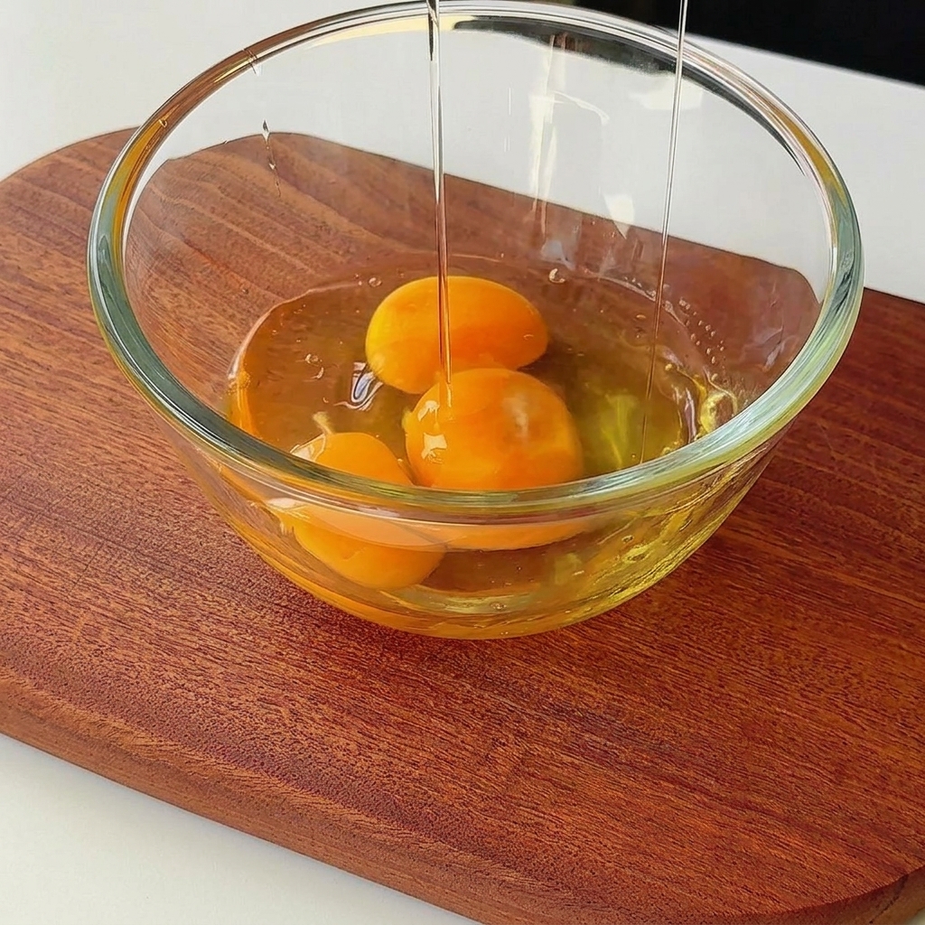 Drei rohe Eier werden in einer Glasschüssel verquirlt, bis sie eine gleichmäßige Farbe haben.