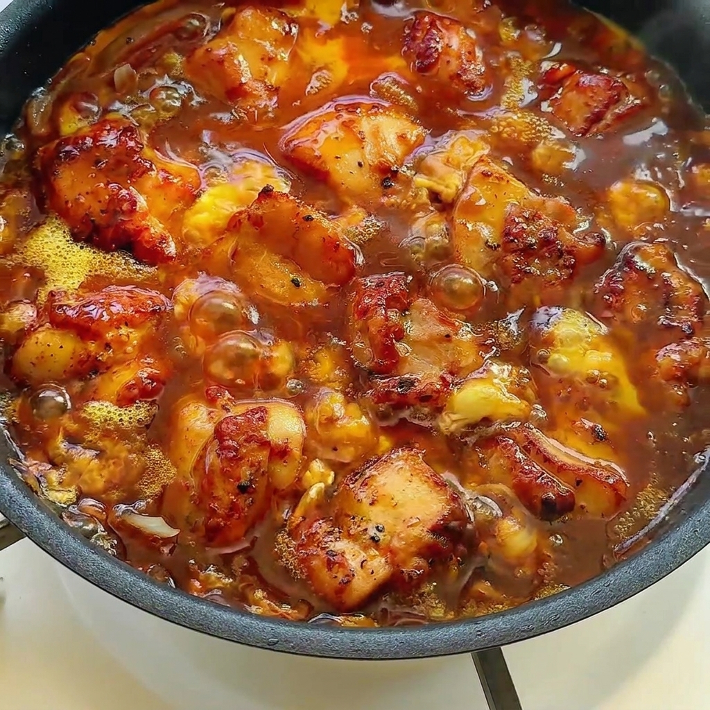 Nahaufnahme des fertigen Hähnchen-Ei-Gerichts in der Pfanne, bestreut mit frischen Frühlingszwiebeln und geröstetem Sesam.