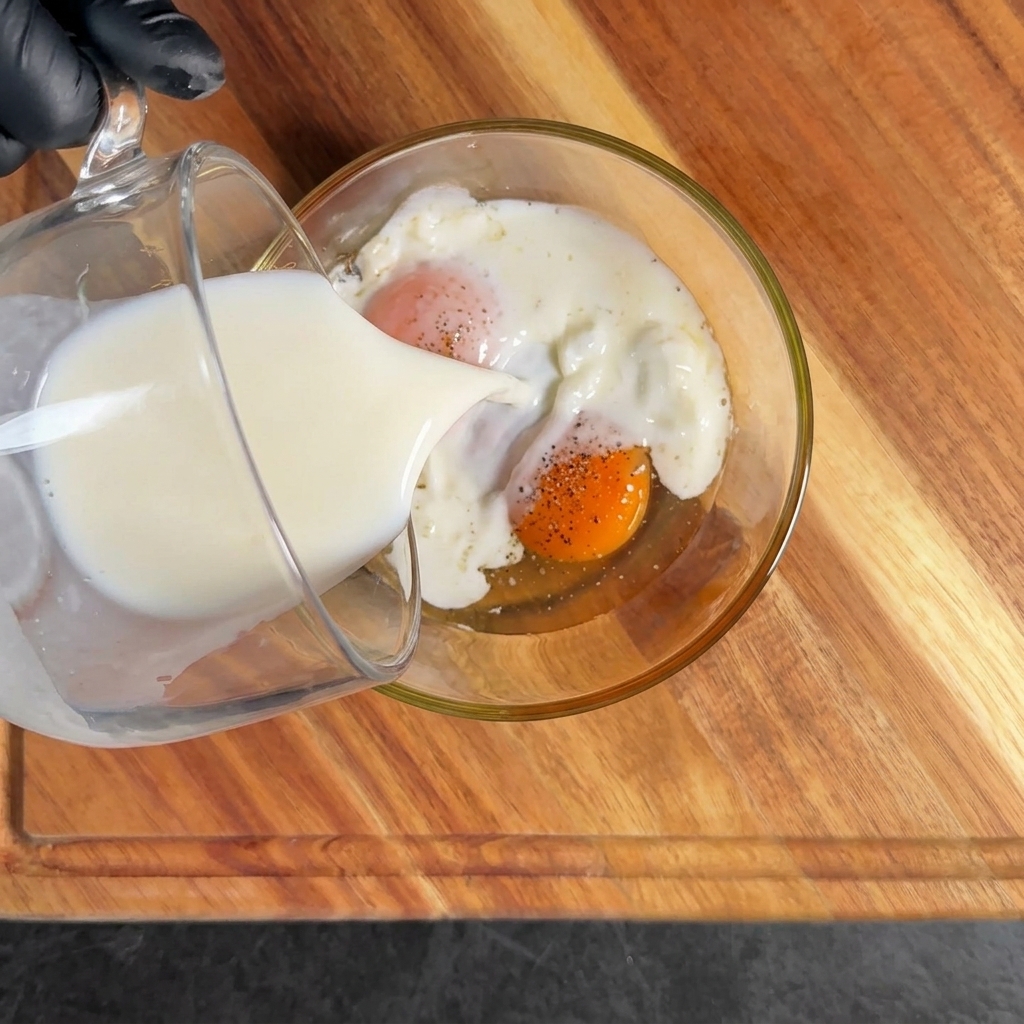 Eine Eiermischung mit Milch und Gewürzen in einer Glasschüssel.