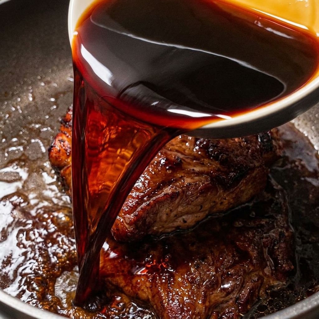 Eine Pfanne mit goldbraunem Hähnchen, über das eine dunkle Sauce gegossen wird.