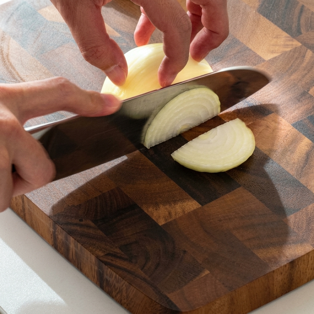 Eine halbe weiße Zwiebel wird auf einem Holzschneidebrett in dünne Streifen geschnitten.