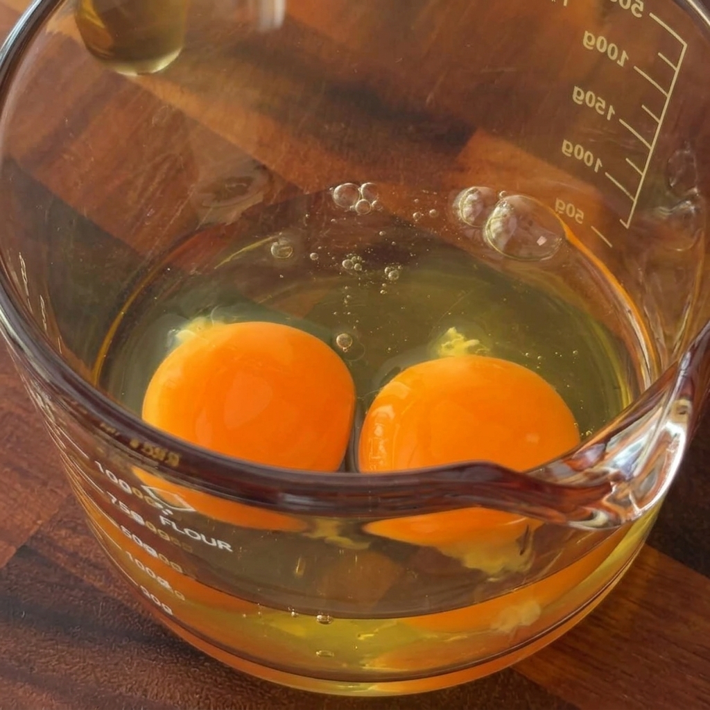 Drei rohe Eier werden in einem Glasmessbecher verquirlt.
