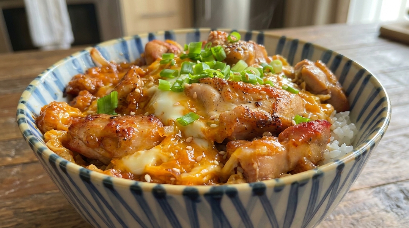 Klassisches Japanisches Oyakodon (Hähnchen-Eier-Reisschale)
