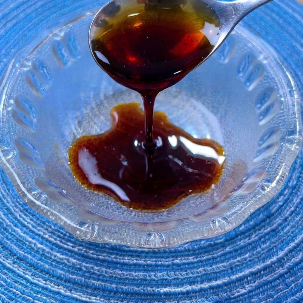 Eine Mischung aus Sojasaucen, Austernsauce, Zucker und Gewürzen in einer kleinen Glasschüssel.