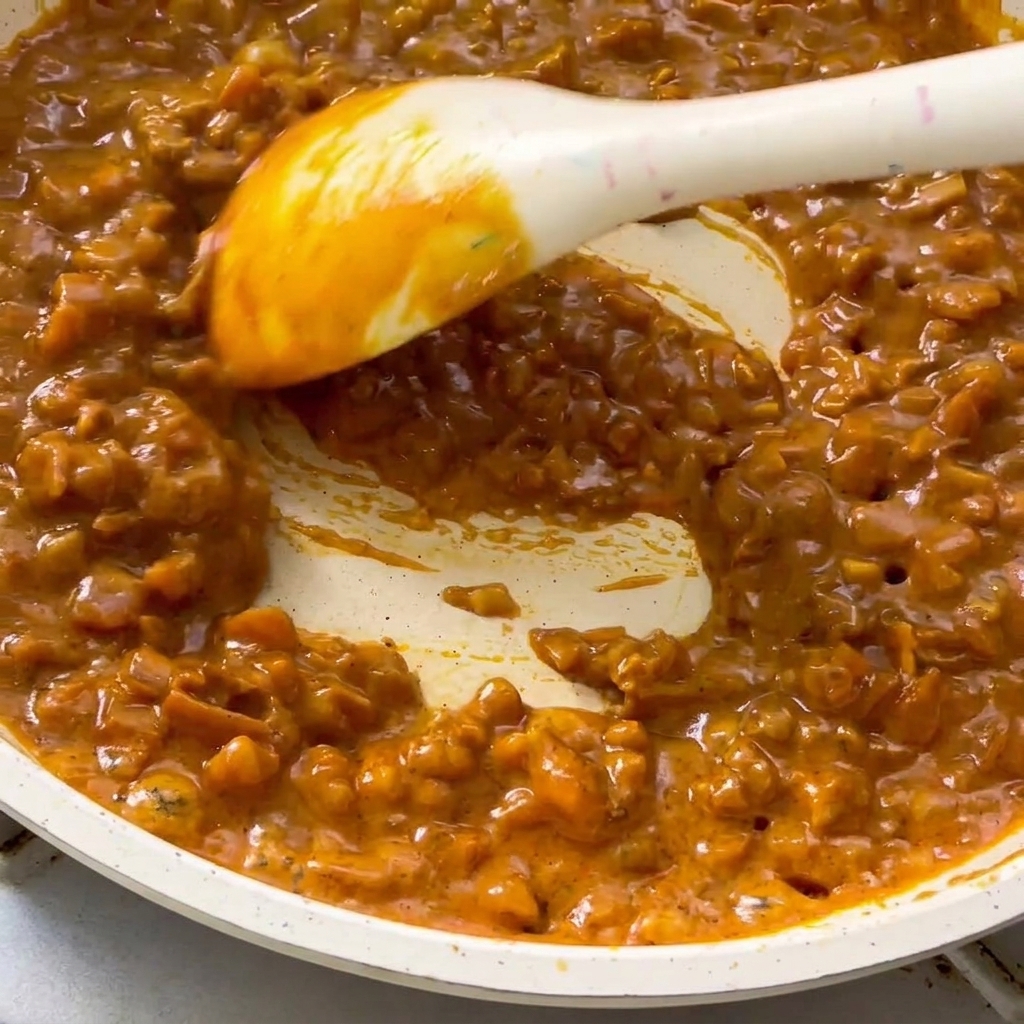 Die fertige, dicke und cremige Curry-Sauce in der Pfanne wird gerührt.