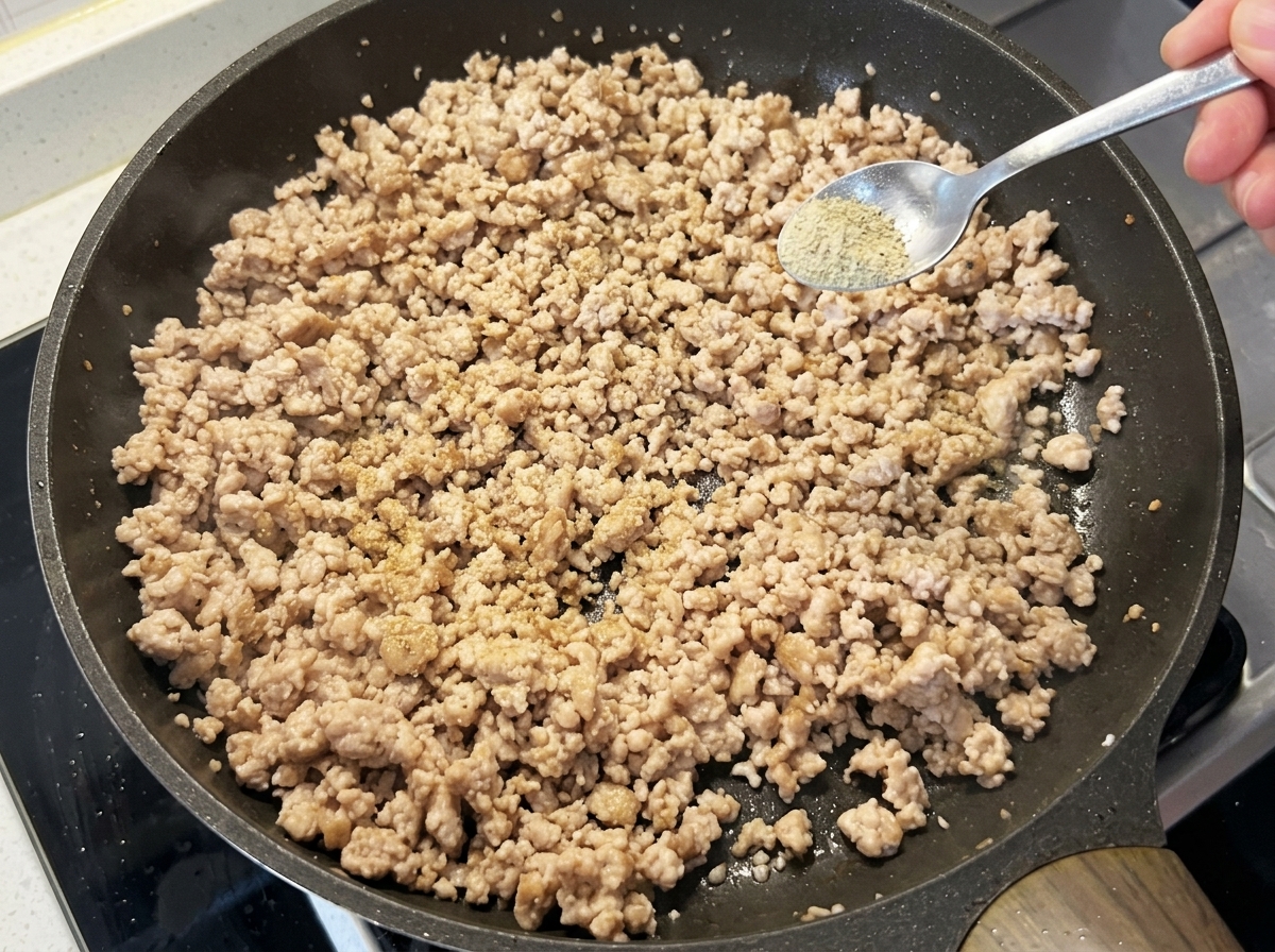 Frühlingszwiebel und Knoblauch werden zum gebratenen Fleisch gegeben.