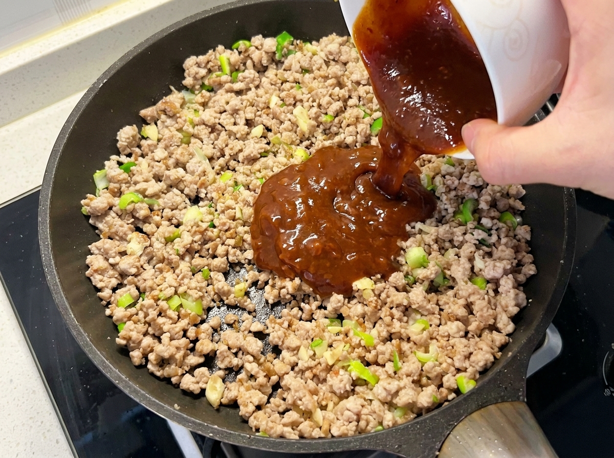 Die Saucenmischung wird über das Fleisch und die Aromaten in die Pfanne gegossen.