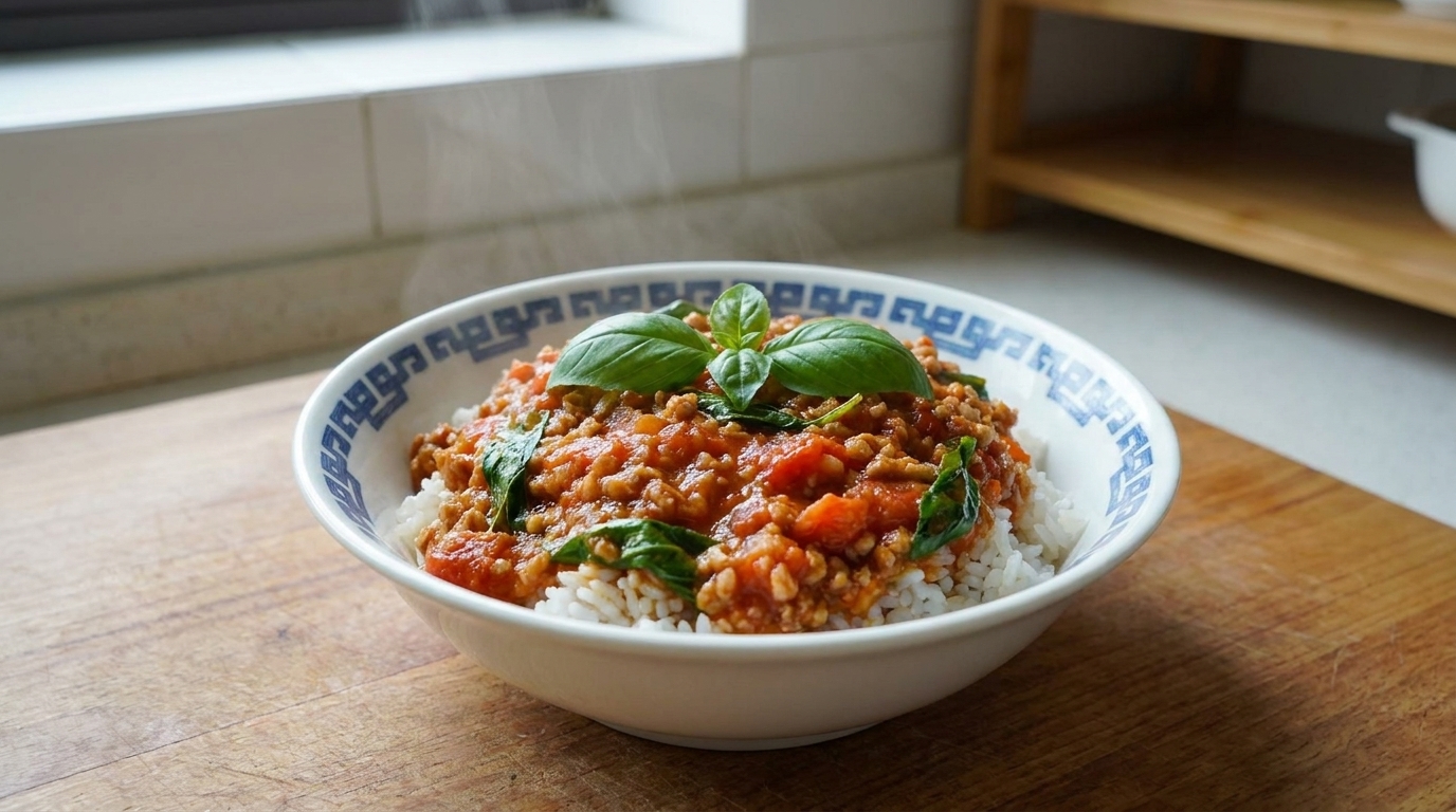 Schnelle Reis-Bowl mit Tomaten-Hackfleisch-Sauce und Basilikum