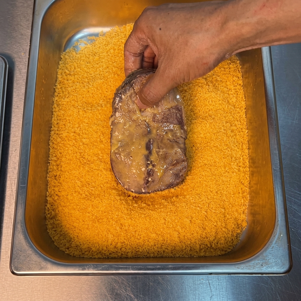 Ein Steak wird fest in Panko-Paniermehl gedrückt.