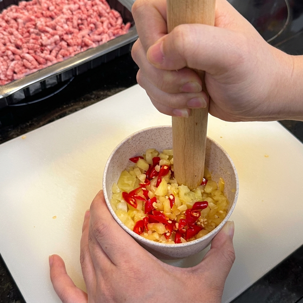 Ein hölzernes Nudelholz drückt Knoblauch- und Chilstücke in einer hellen Schüssel nach unten.