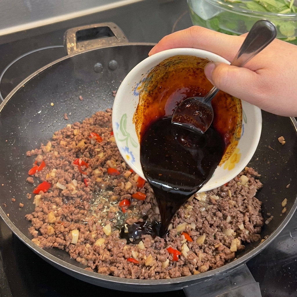 Eine dunkle, würzige Sauce wird aus einer kleinen Schüssel über das gebratene Hackfleisch im Wok gegossen.