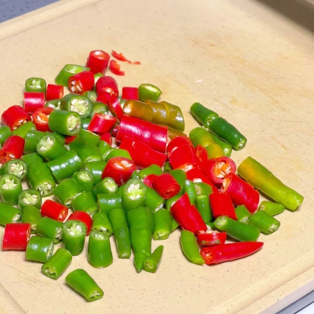 Grüne und rote Chilischoten, in kleine, bunte Segmente geschnitten, auf einem Schneidebrett.