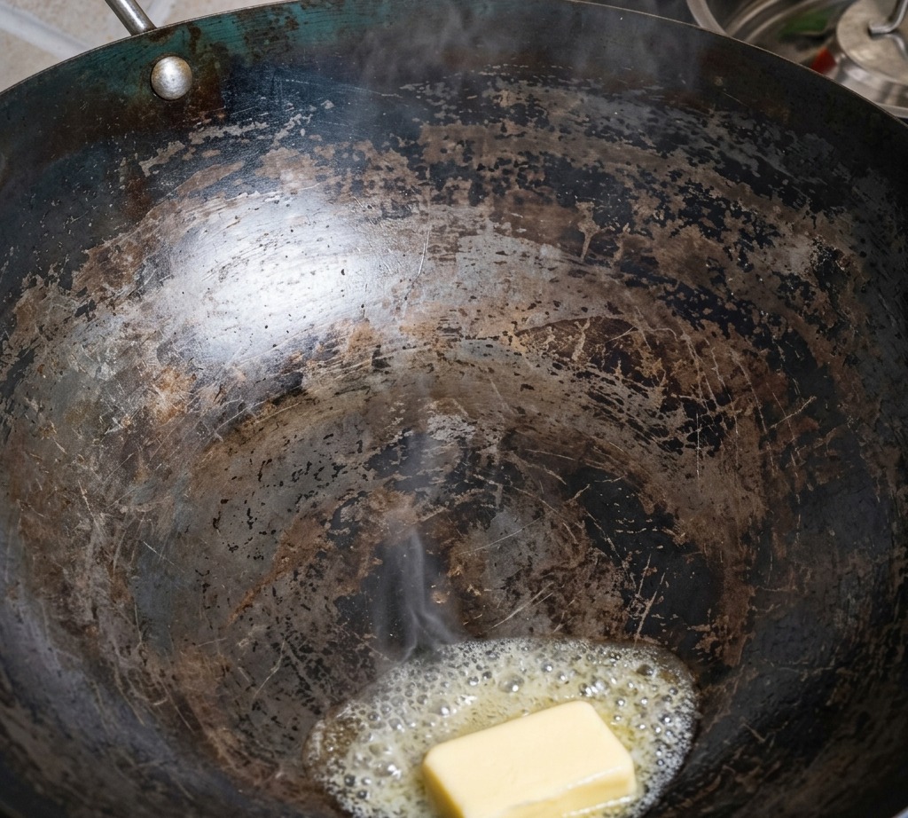 Ein rohes Steak wird in einen Wok mit brutzelnder, schmelzender Butter gelegt.