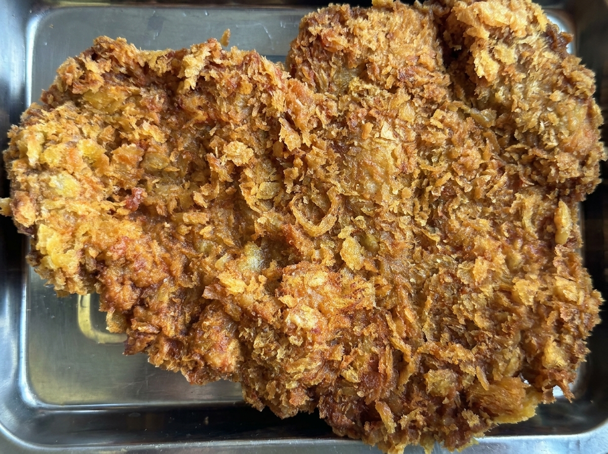 Das fertig gebratene Schnitzel auf einem Tablett wird mit zwei Soßen verfeinert.