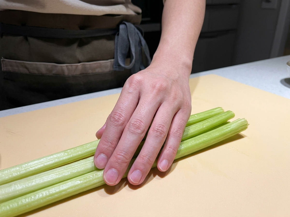 Frische Frühlingszwiebeln werden auf einem gelben Schneidebrett in feine Ringe geschnitten.