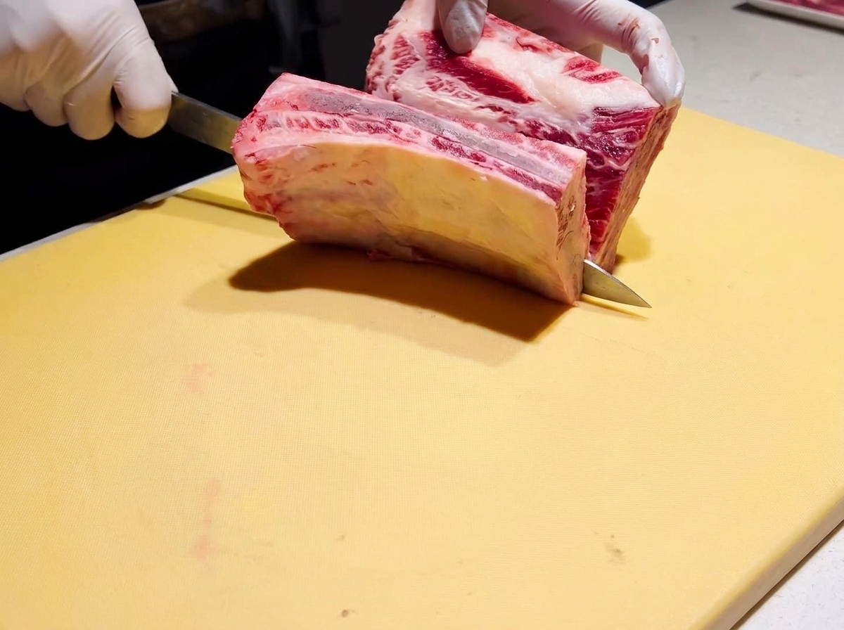 Ein dickes Stück rohes Rinderrippchen wird auf einem gelben Schneidebrett mit einem Kochmesser aufgeschmetterlt.