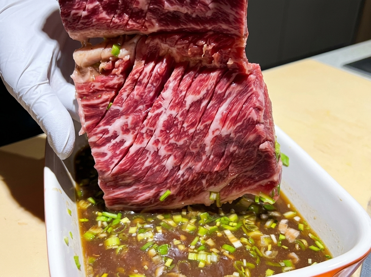 Ein Stück eingeschnittenes rohes Fleisch wird in eine Schale mit dunkler Marinade und Frühlingszwiebeln gelegt.