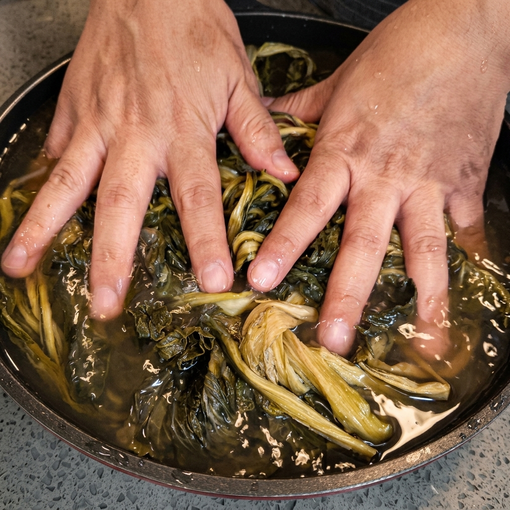 Hände massieren dunkle, einweichende Kohlblätter in einer mit Wasser gefüllten Pfanne.