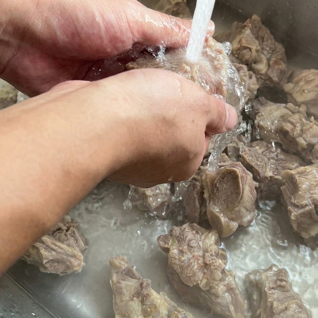 Ein blanchierter Schweineknochen wird unter fließendem Wasser in einem Edelstahlwaschbecken abgespült.