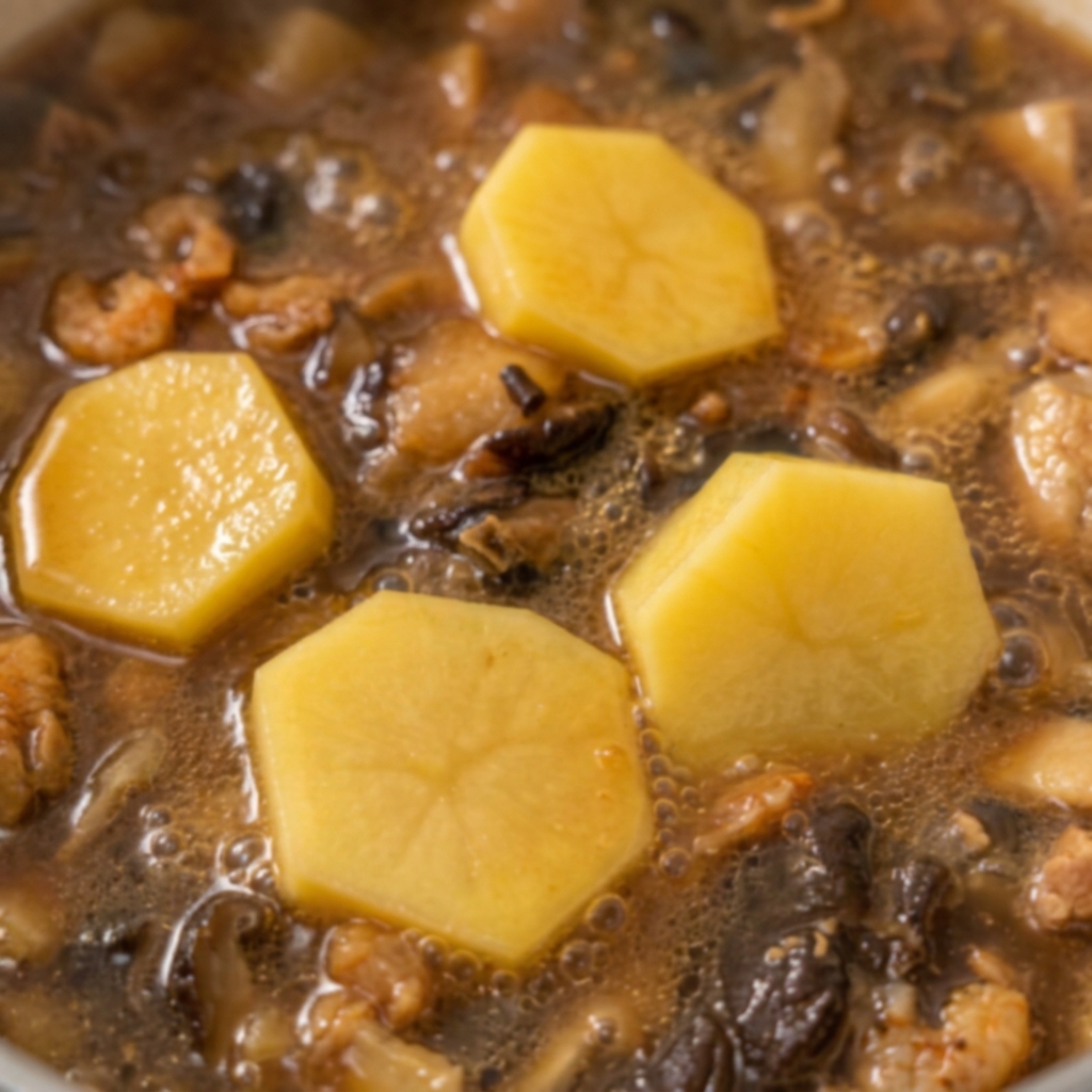 Große, geschälte gelbe Kartoffelstücke werden in die kochende Suppe gelegt.