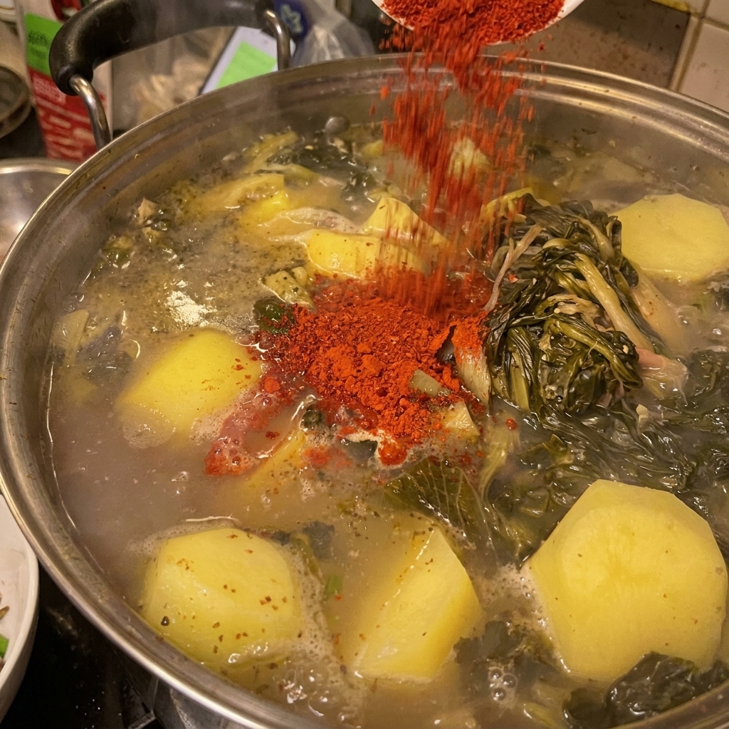 Leuchtend rotes Chilipulver wird über die köchelnden Kartoffeln und das Fleisch im großen Topf gestreut.