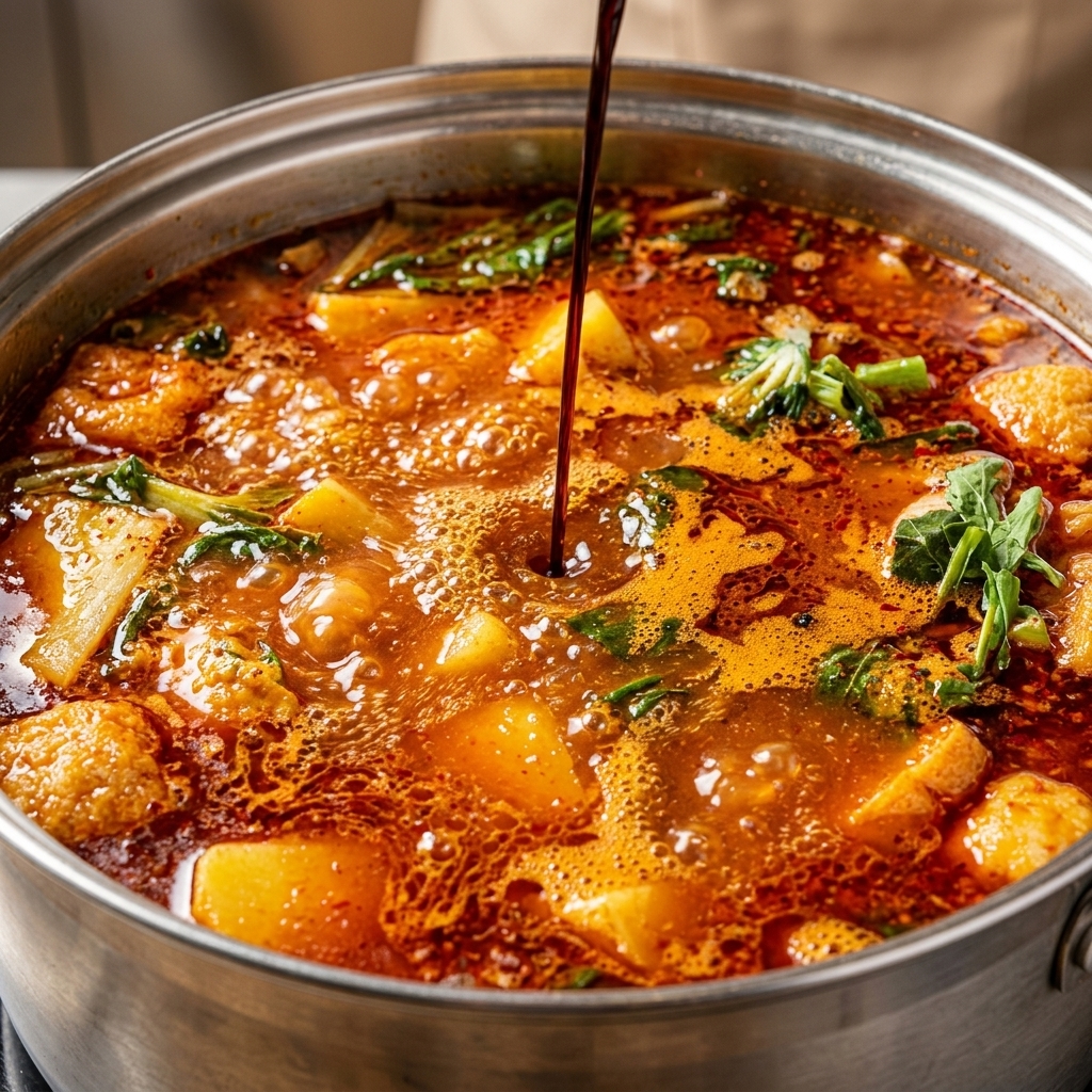 Eine Schöpfkelle gießt eine dunkle, herzhafte Sojasauce in den großen Topf mit kochender roter Schweineknochen-Kartoffel-Suppe.