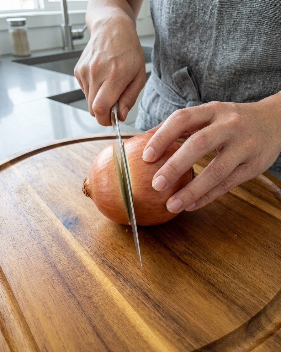 Hände verwenden ein Kochmesser, um eine ungeschälte süße Zwiebel auf einem runden Holzschneidebrett zu halbieren.